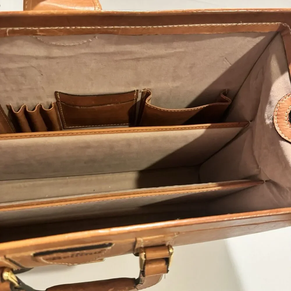 Bellino Brown Leather Hard Case Doctor Lawyer Laptop Top Load Security Briefcase